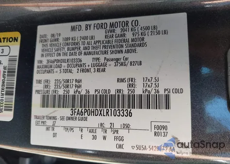2020 Ford Fusion Se from USA, damaged, VIN 3FA6P0HDXLR103336